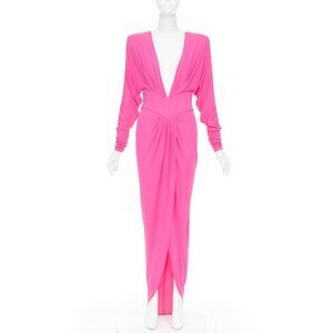 ALEXANDRE VAUTHIER pink viscose Power shoulder plunge drape dress FE36
